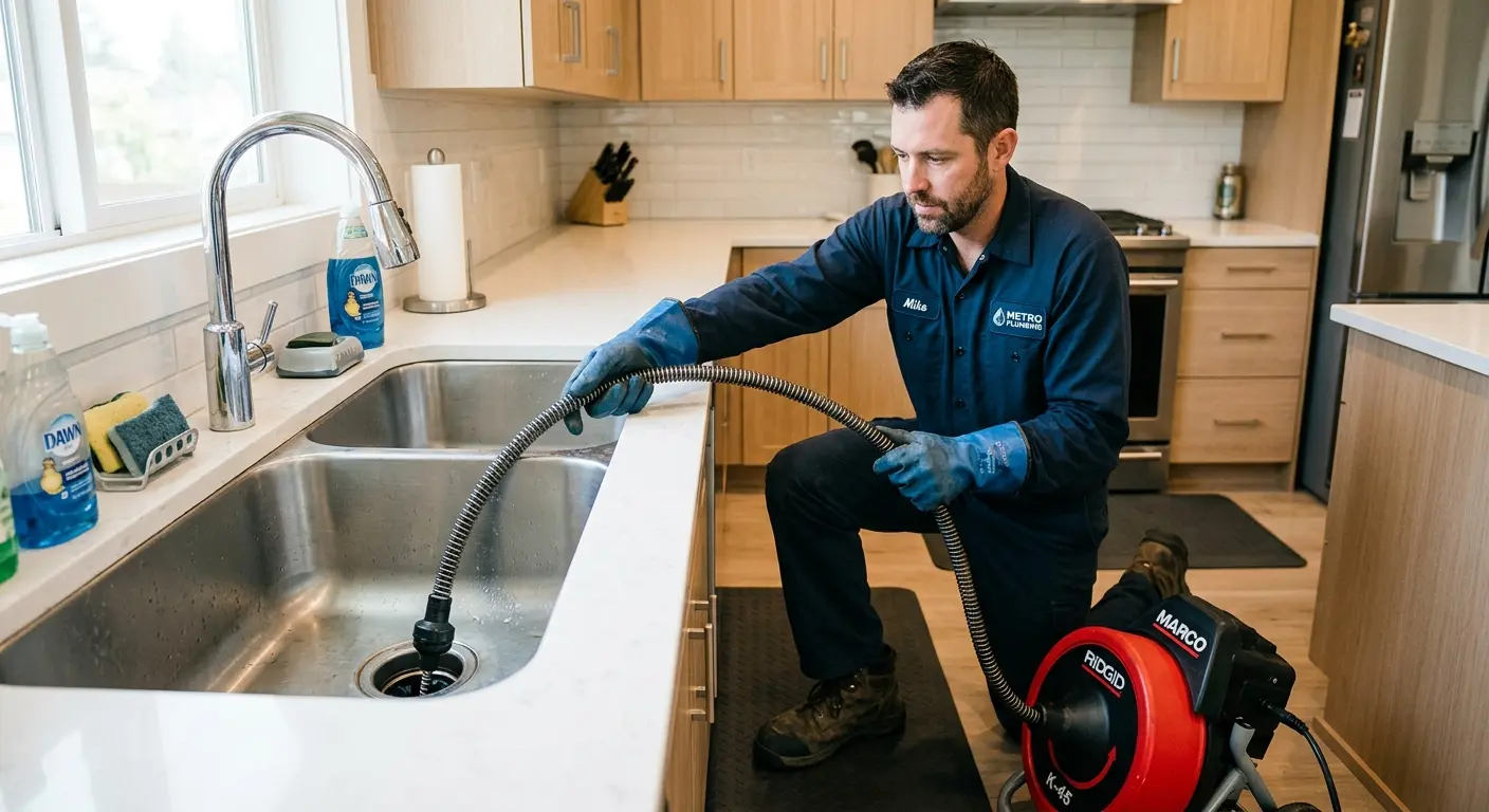 Drain cleaning technician using a motorized snake on a kitchen sink in Richmond Heights