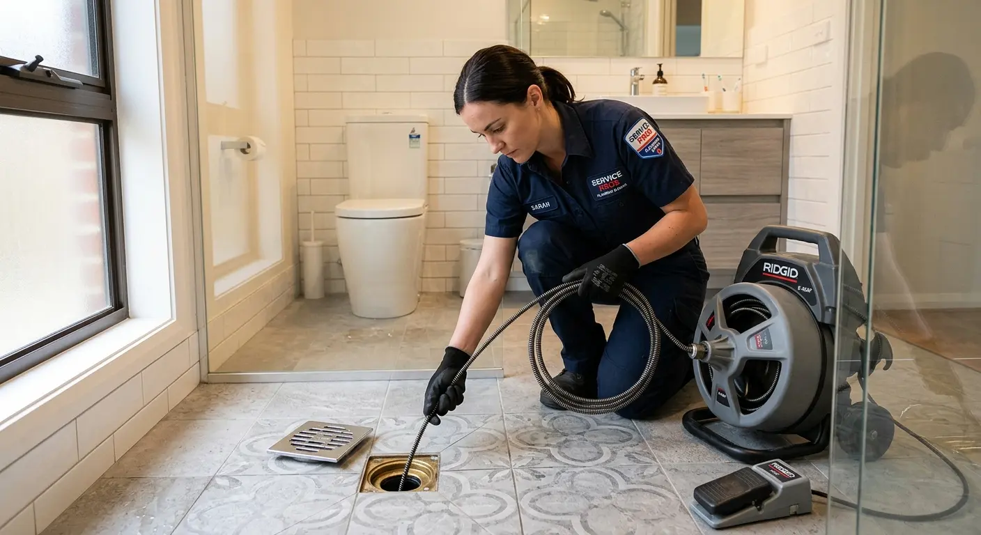 Technician clearing a bathroom floor drain for Drain Cleaning in Richmond Heights